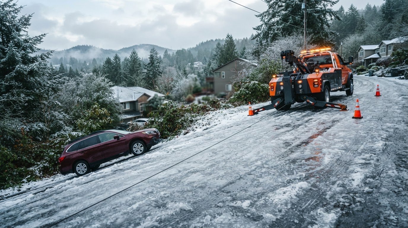 Winch-Out Help for a Steep, Icy Driveway in Sherwood